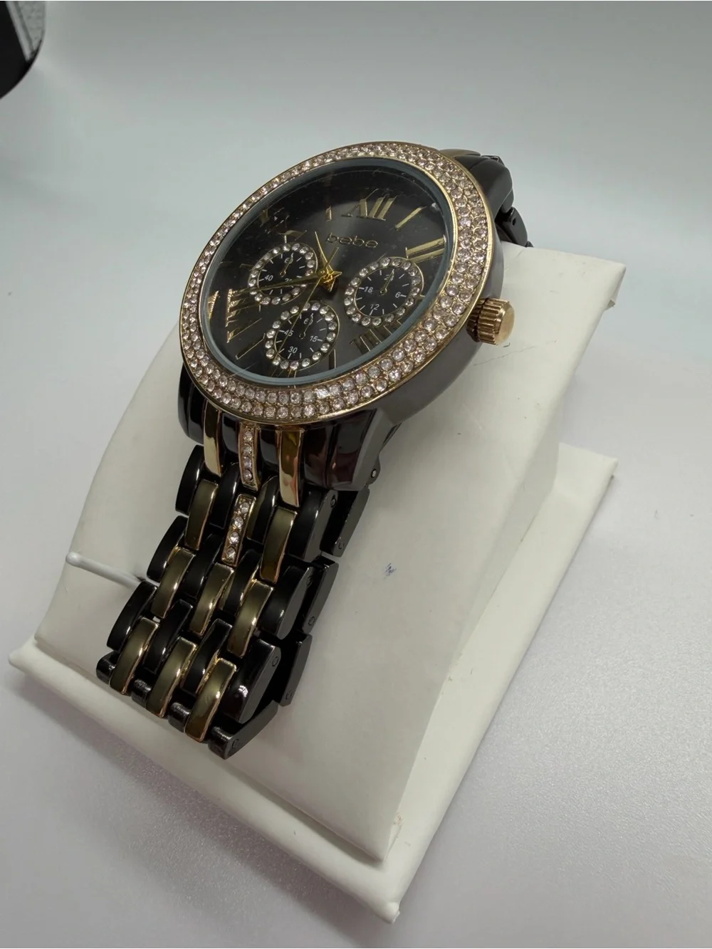 Brand new never worn bebe Two-Tone Black and Gold Crystal Accent Bracelet Watch